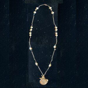 24" Republic of Trinidad hummingbird 24kt coin and freshwater pearl necklace